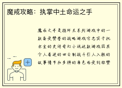 魔戒攻略：执掌中土命运之手